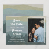 Save The Date Retro Blue Mountains & Forest Photo Wedding (Devant / Derrière)