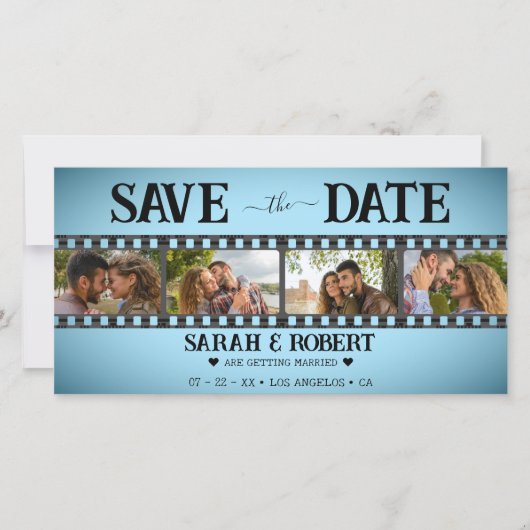 Save The Date Retro Blue Vignette Photo Collage Film Strip (Devant)