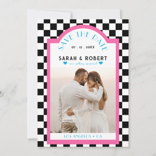 Save The Date Retro Checkerboard Photo rose et bleu Mariage (Devant)