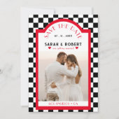 Save The Date Retro Checkerboard Photo Rouge Noir & Blanc Mariag (Devant)