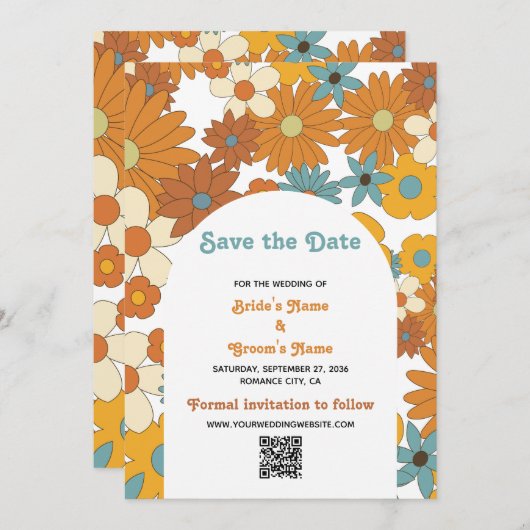 Save The Date Retro Flowers 60's 70's Arch Mariage QR Code (Devant / Derrière)