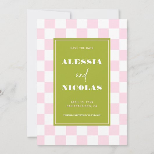 Save The Date Retro Fun Pink & Green Checkerboard Check Wedding (Devant)