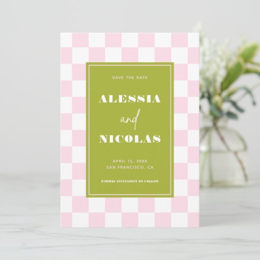 Save The Date Retro Fun Pink & Green Checkerboard Check Wedding (Debout devant)