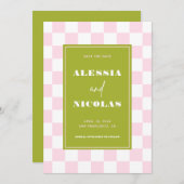 Save The Date Retro Fun Pink & Green Checkerboard Check Wedding (Devant / Derrière)