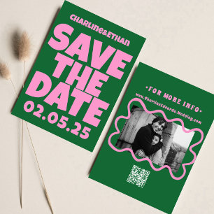 Save The Date Retro Funky Rose Green Enregistrer la date Code QR