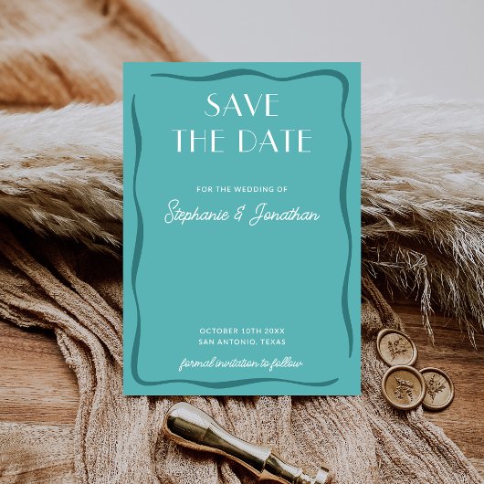 Save The Date Retro Gras Moderne Milieu de Siècle Bleu Turquoise