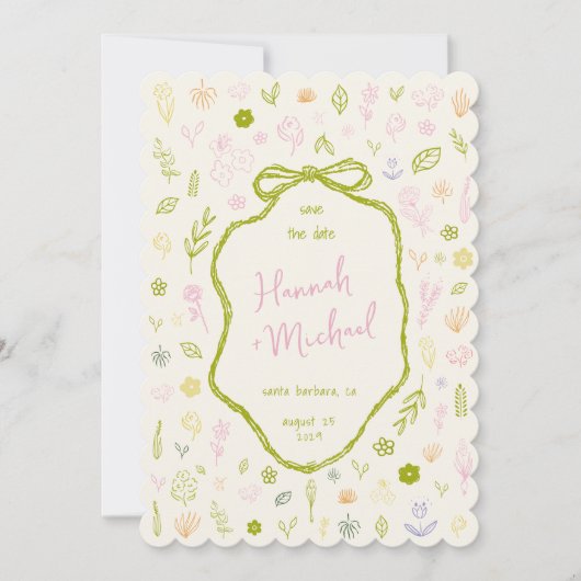 Save The Date Retro Hand Written Drawn Flowers Spring Wedding (Devant)