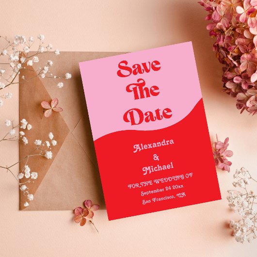 Save The Date Retro les années 70 mariage rose et rouge néon Enr