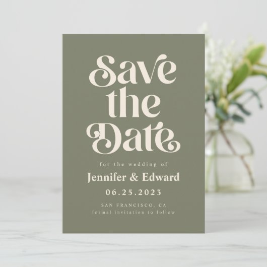 Save The Date Rétro Mariage Olive Enregistrer La Date (Debout devant)