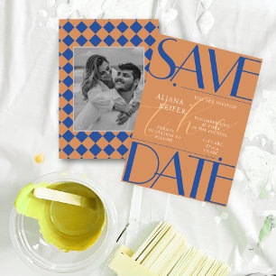 Save The Date Rétro minimaliste À damiers Motif bleu Mariage