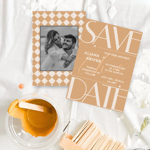 Save The Date Rétro minimaliste À damiers Motif Mariage beige