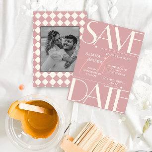 Save The Date Rétro minimaliste À damiers Motif Mariage rose