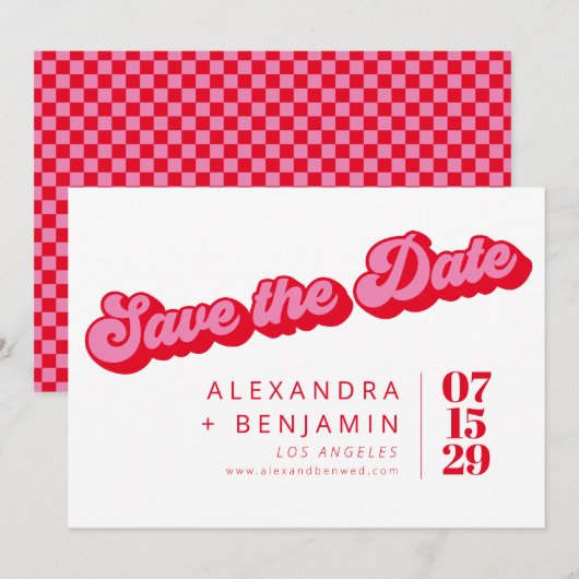 Save The Date Rétro Mod Groovy Gras Damier Rose Rouge (Devant / Derrière)