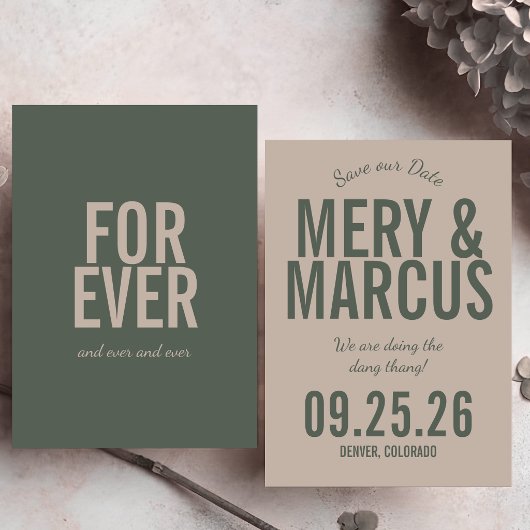 Save The Date Retro Moderne Gras Vert & Beige Écriture Mariage 