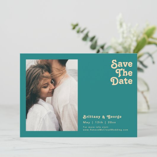 Save The Date Rétro moderne | Photo Turquoise Horizontale Enregi (Debout devant)