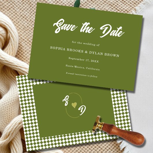 Save The Date Retro Olive green Minimalist Checkered Wedding