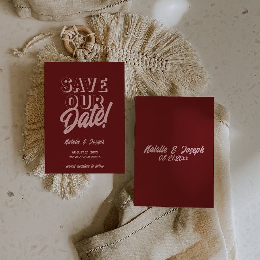 Save The Date Retro Pink Deep Red Modern Boho Unique Wedding