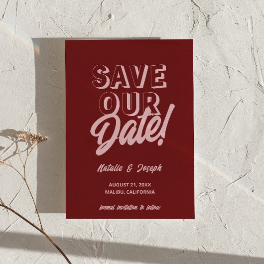 Save The Date Retro Pink Deep Red Modern Boho Unique Wedding