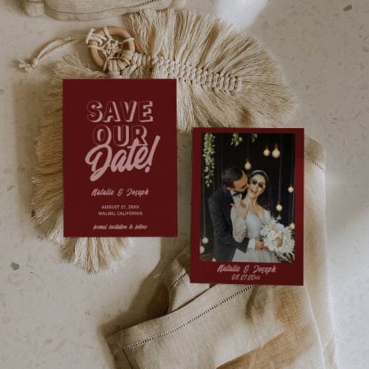 Save The Date Retro Pink Deep Red Modern Unique Photo Wedding