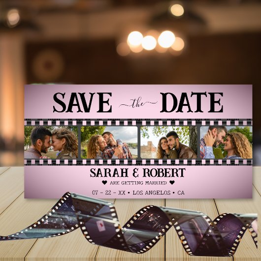 Save The Date Retro Pink Vignette Photo Collage Film Strip