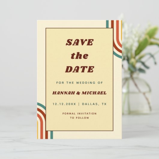 Save The Date Retro Rainbow Stripes Seventies 1970 Jaune (Debout devant)