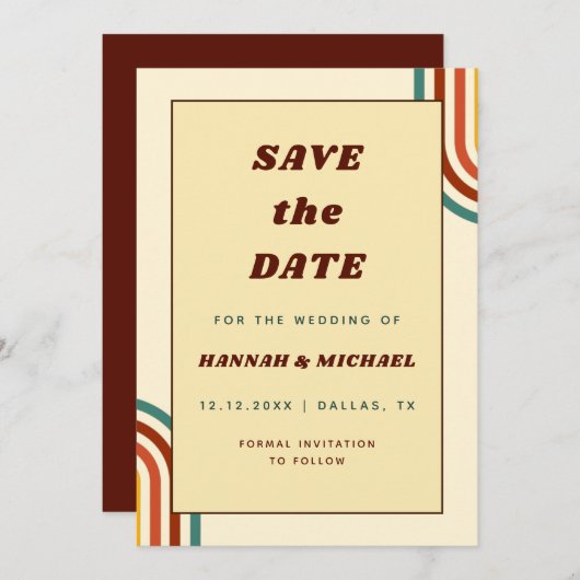 Save The Date Retro Rainbow Stripes Seventies 1970 Jaune (Devant / Derrière)