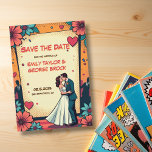 Save The Date Retro Romantic Bride et Groom Comic Mariage de liv<br><div class="desc">Cette élégante bande dessinée style livre enregistrer l'invitation date est parfait pour un mariage moderne. Le design rétro présente une illustration vintage de mariée et de mariée et une calligraphie noire sur un arrière - plan à thème de bande dessinée.</div>