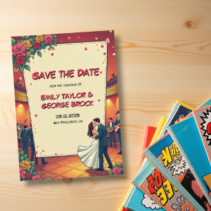 Save The Date Retro Romantic Couple Comic Style de livre Mariage