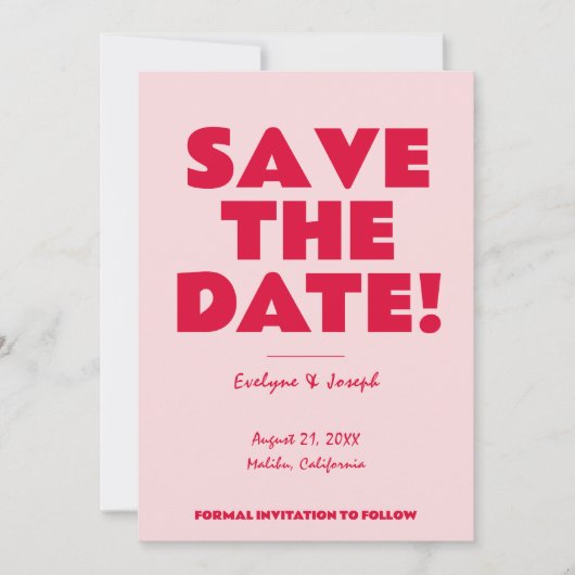 Save The Date Rétro rose brillant Funky Gras moderne Mariage uni (Devant)