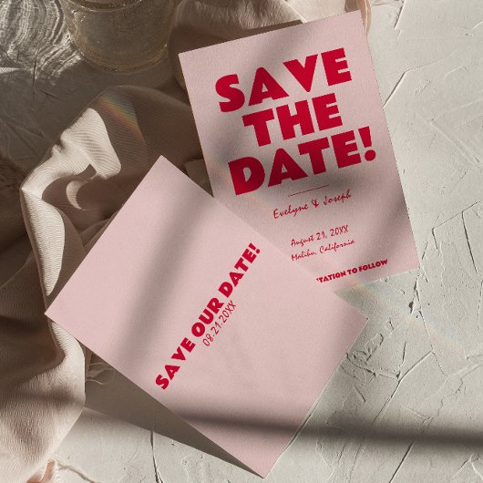 Save The Date Rétro rose brillant Funky Gras moderne Mariage uni