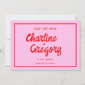 Save The Date Rétro rose et rouge écriture manuscrite mariage En (Devant)