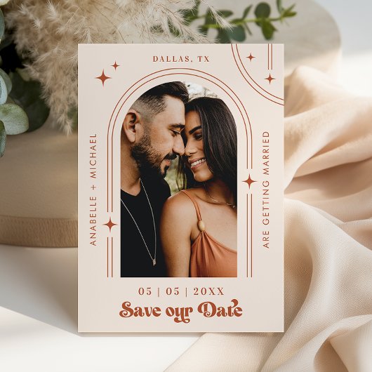 Save The Date Retro Script Boho Arch Photo Terracotta Mariage