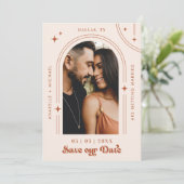 Save The Date Retro Script Boho Arch Photo Terracotta Mariage (Debout devant)
