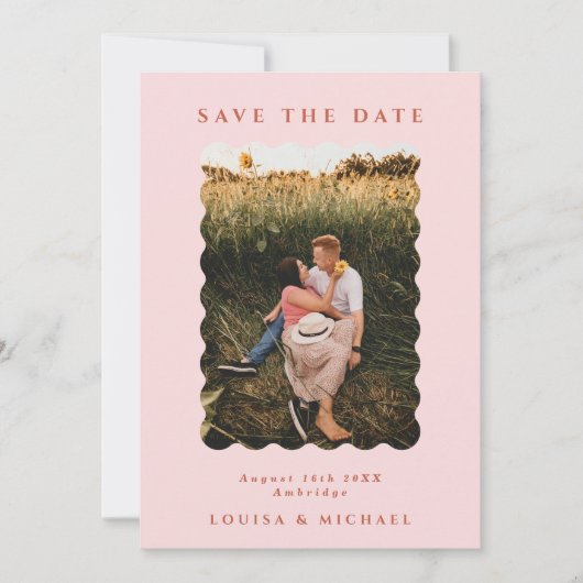 Save The Date Retro Wavy Photo & QR Code Blush Mariage (Devant)