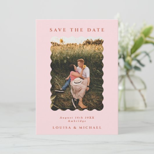 Save The Date Retro Wavy Photo & QR Code Blush Mariage (Debout devant)