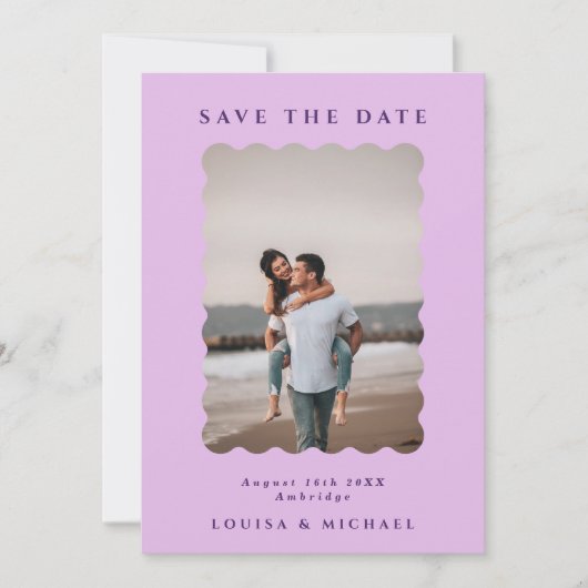 Save The Date Retro Wavy Photo & QR Code Lilac & Purple Mariage (Devant)