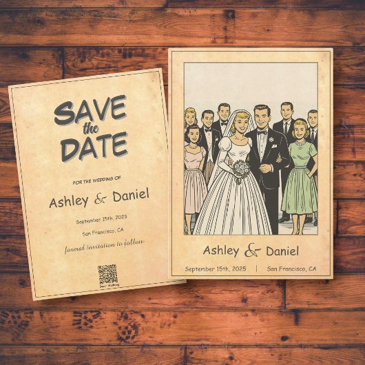 Save The Date Retro Whimsical Bride et Groom Comic Mariage de li