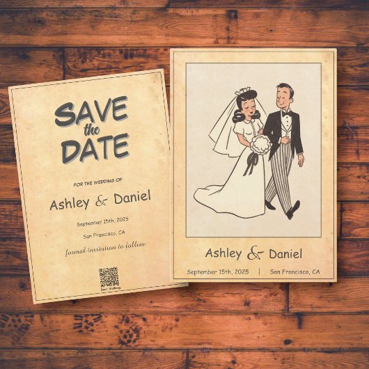 Save The Date Retro Whimsical Bride et Groom Comic Mariage de li