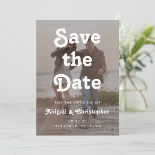 Save The Date Retro White Text Overlay 2 Photo QR Code Mariage (Debout devant)