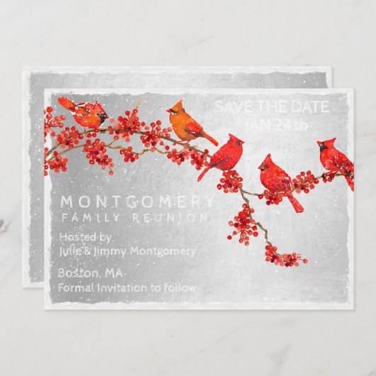 Save The Date Retrouvailles familiales Cardinaux rouges hiver (Devant / Derrière)