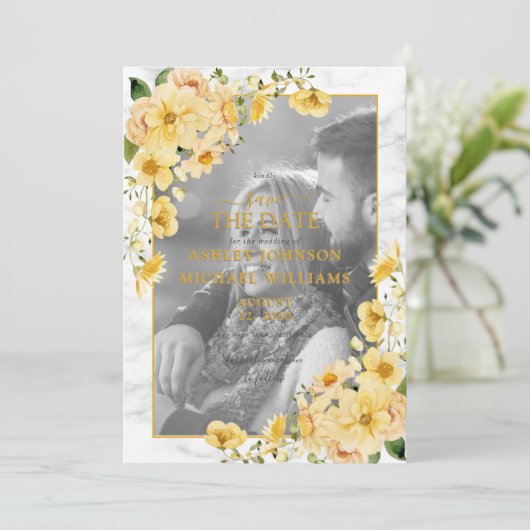Save The Date Revêtement floral jaune et gris Enregistrer la dat (Debout devant)