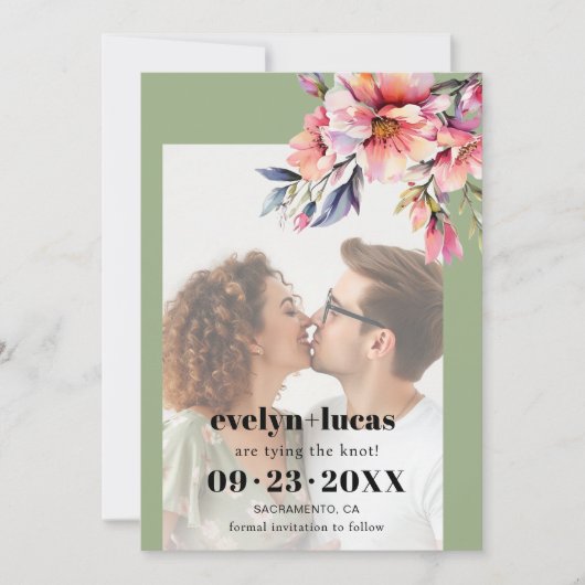 Save The Date Rhododendron peach-pink flowers photo wedding (Devant)
