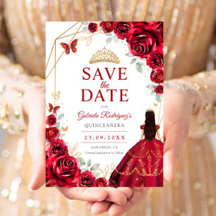 Save The Date Robe de Quinceanera Roses Rouges Or