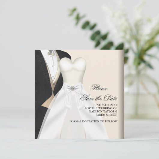 Save The Date Robe Mariage Tuxedo Noir Blanc Enregistrer La Date (Debout devant)