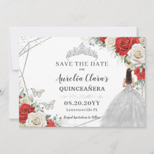 Save The Date Robe Rouge Blanc Floral Argent Quinceanera Sweet 1