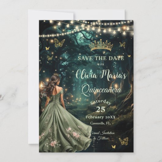 Save The Date Robe verte Enchanté Forêt Sage Quinceañera (Devant)