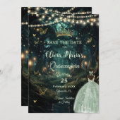 Save The Date Robe verte Enchanté Forêt Sage Quinceañera (Devant / Derrière)