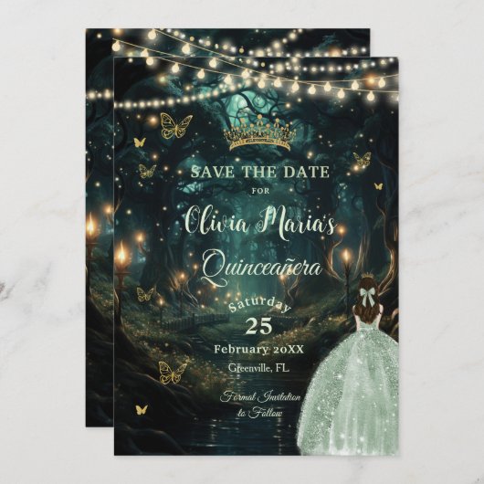 Save The Date Robe verte Enchanté Forêt Sage Quinceañera (Devant / Derrière)