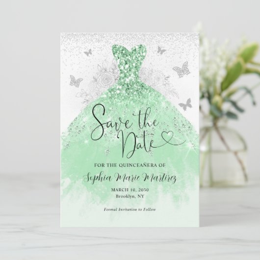 Save The Date Robe verte Mis Quince Quinceañera (Debout devant)