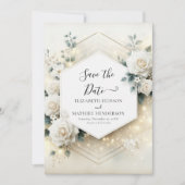 Save The Date Romance botanique Roses blanches Mariage (Devant)